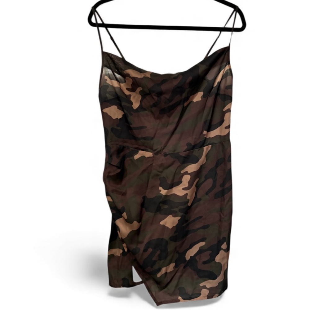 Bar III Camo Cowl Neck Mini Dress Women Medium Green Brown Camouflage Wrap Skirt